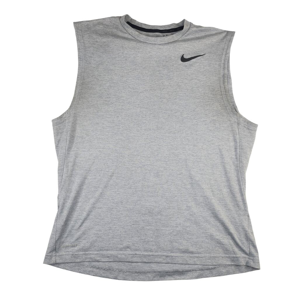 Nike Dri-Fit Muscle Tank Top Mens Large Gray Black wSoosh Logo Athletic Workout
